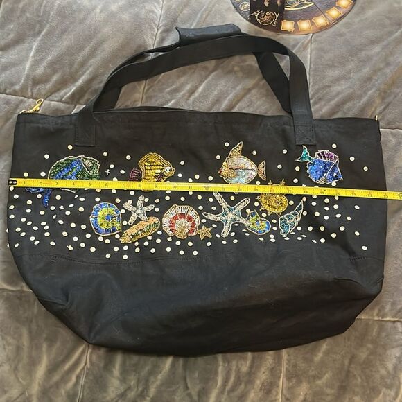 Magid Handmade Beaded Embellished Coastal Fish Tropical Black Tote Shoulder Bag - Picture 6 of 12